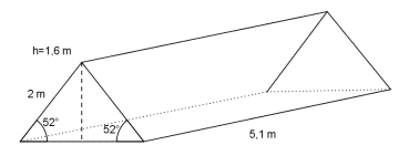 Rett, trekantet prisme med høyde 5,1 m. Trekanten har to vinkler som er 52 grader, og siden som ligger inntil begge disse vinklene er av ukjent lengde. En av de andre sidene er på 2 m, og høyden er 1,6 m.